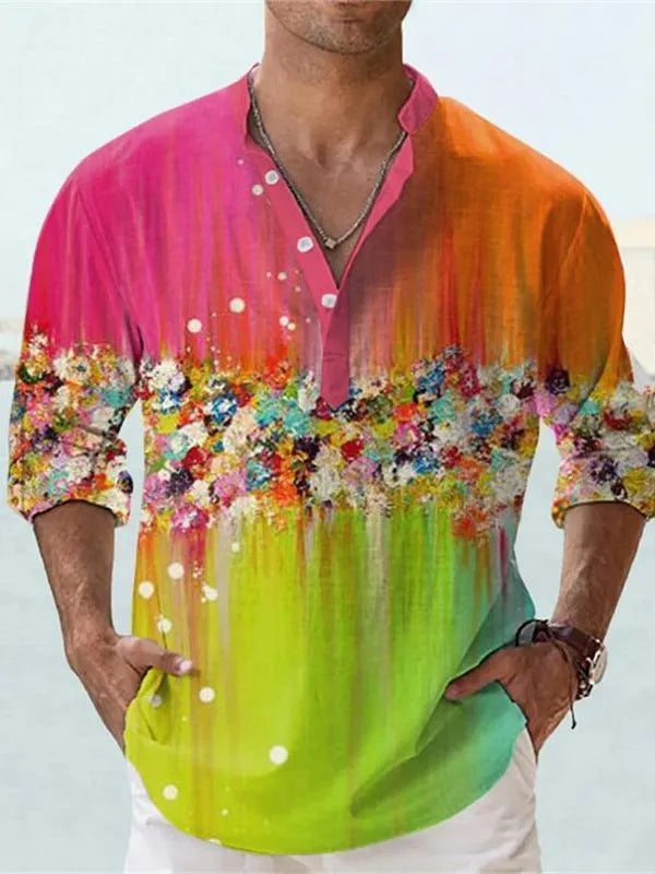 British style short sleeve shirt with 3D digital thermal transfer striped pattern on bamboo hemp fabric