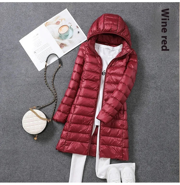Women's mid-length lightweight down jacket in black, slim fit nylon design