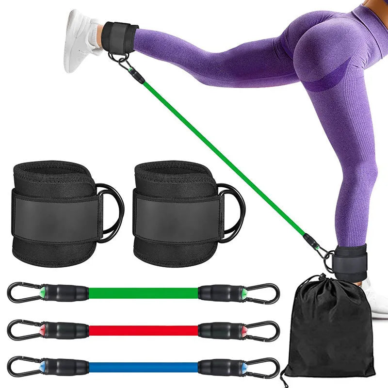 TPE resistance band set with three tension levels and foot loops for hip and leg exercises
