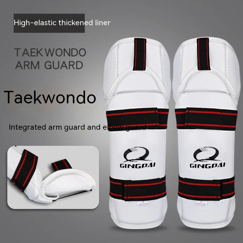 Taekwondo protective set showing black leg guards, arm guards, and elbow guards made from PU and EVA foam materials.