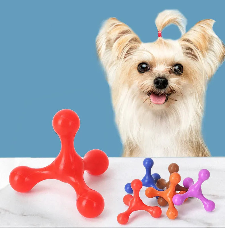 Blue silicone three-legged chew toy for puppy teething relief and dental cleaning