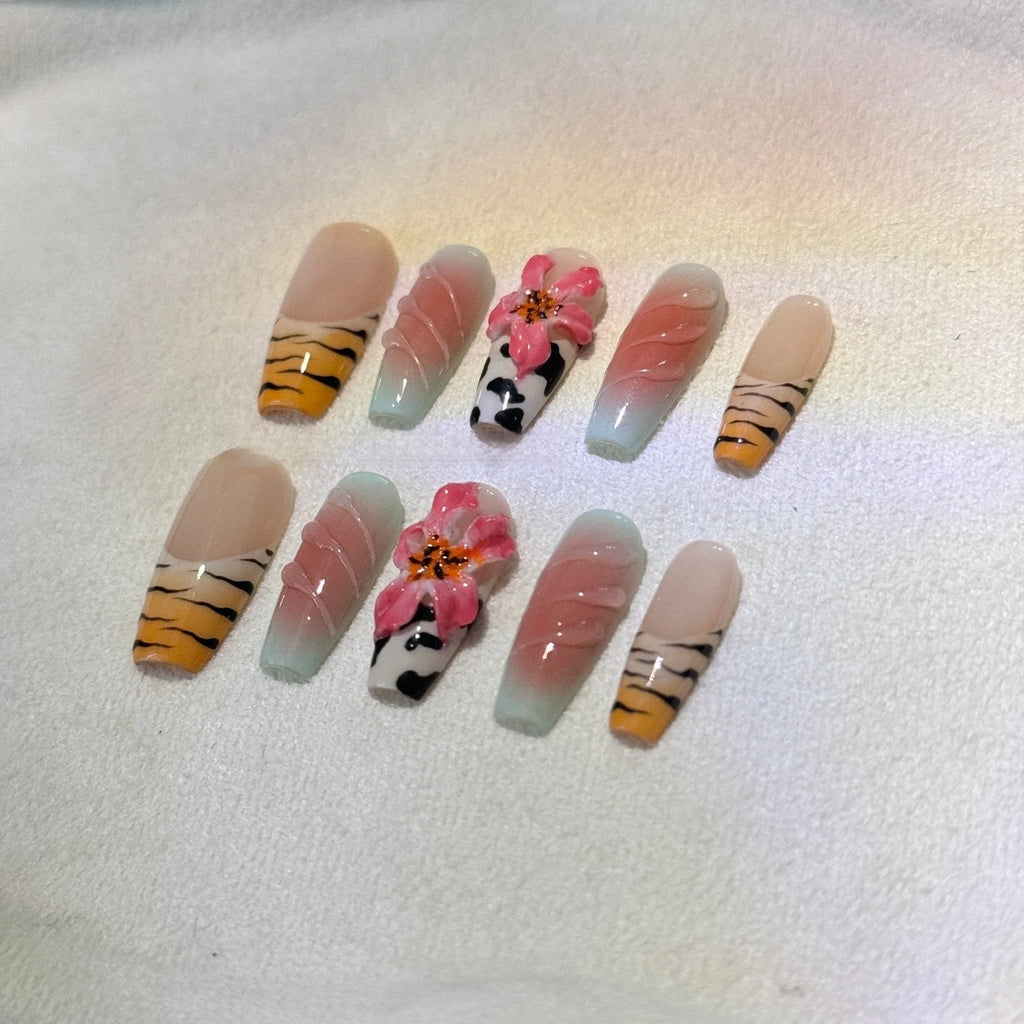 Lily hand carving nail art set with zebra patterns and embossed flowers in sizes XS S M L