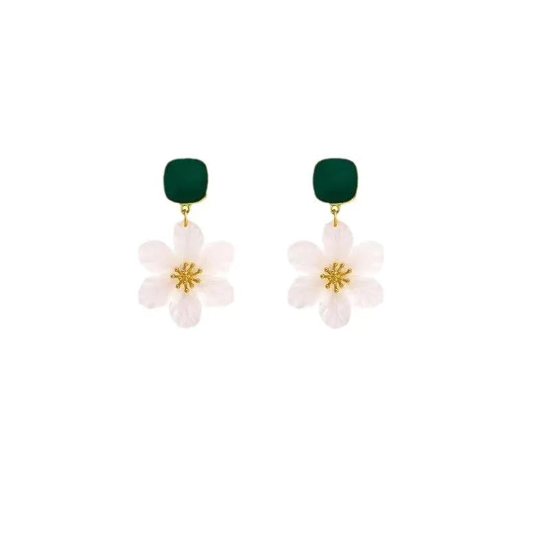 Dark green alloy earrings with needle flowers sweet design for women