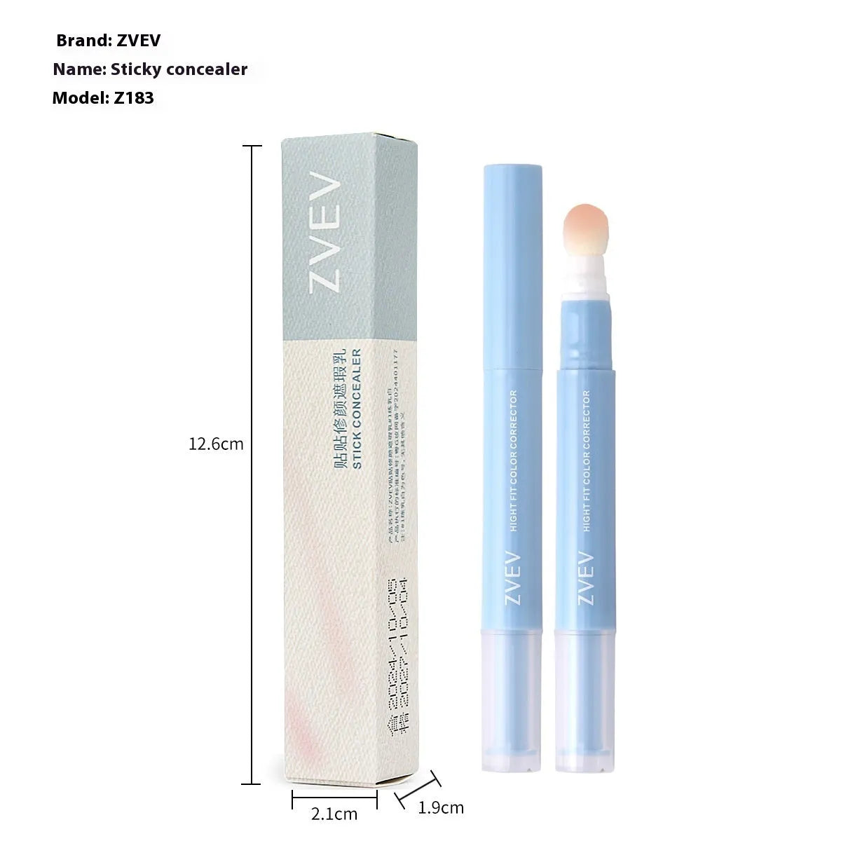 Concealer cream with sponge brush head applicator in 1.5g size showing three colour shades