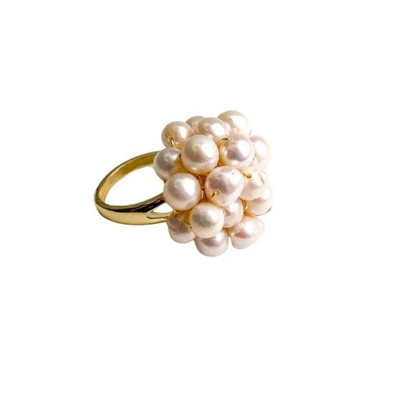 White pearl open ring geometric shape non-fading finish handmade fashion OL style on white background