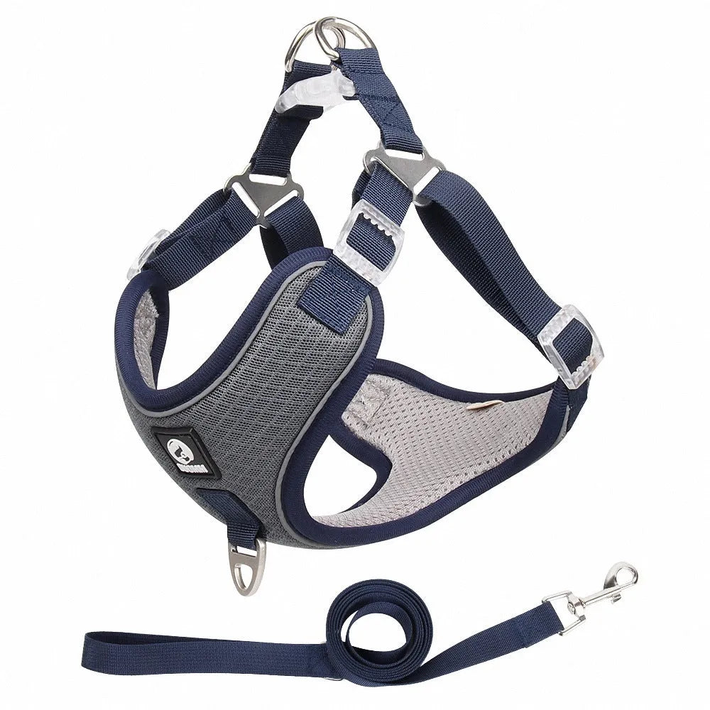Adjustable breathable mesh dog harness with reflective piping in multiple colour options