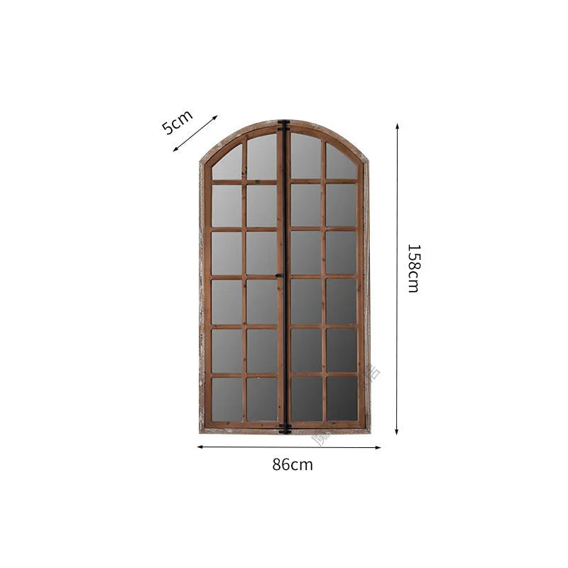 Terrace distressed fake window style wall mirror with log coloured wooden frame and glass
