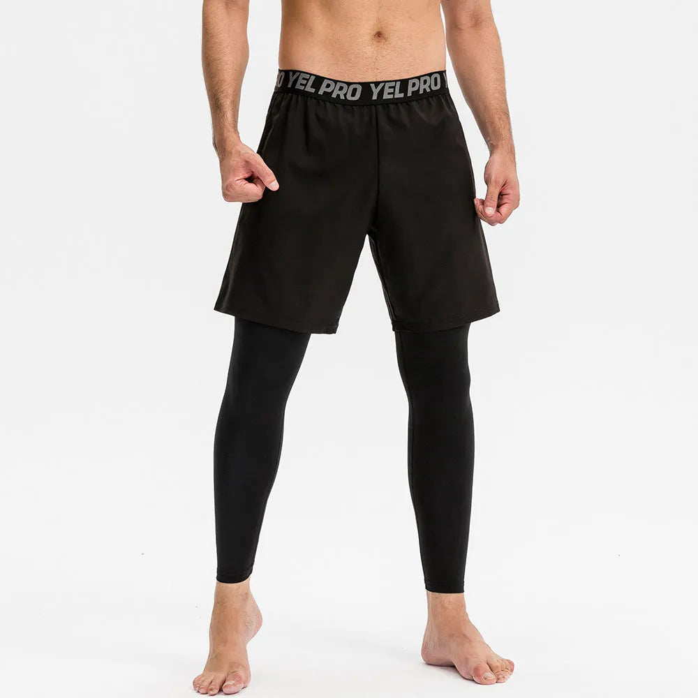 Men's tight fitness pants in grey polyester spandex fabric, shown in a running pose.