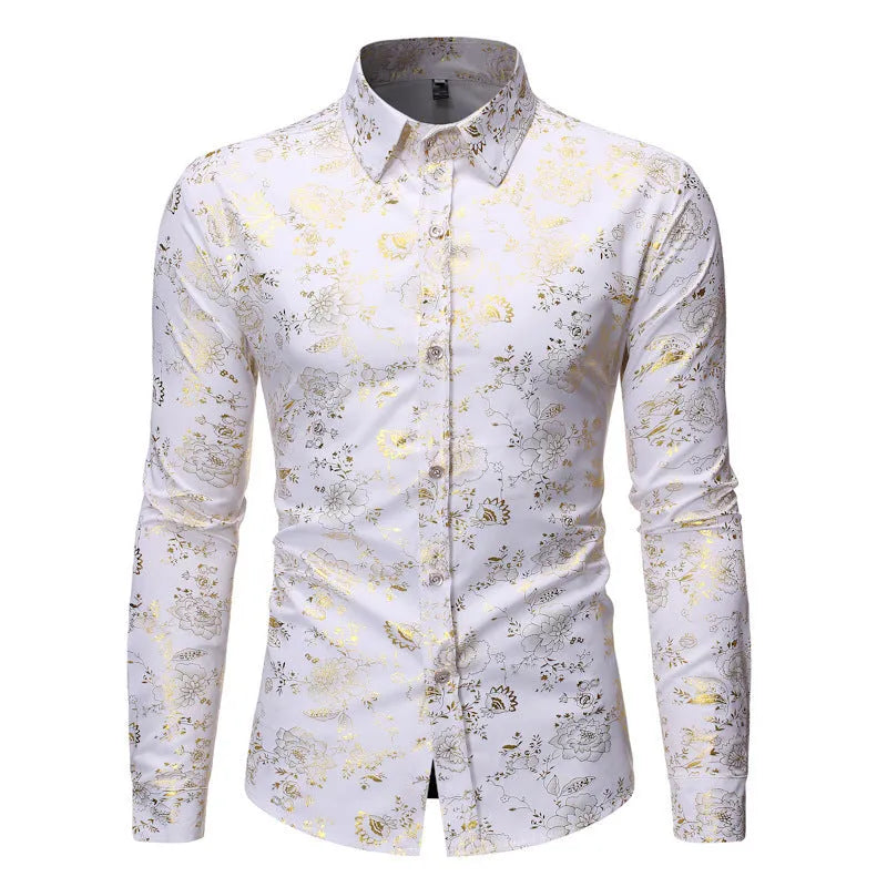 Men's metal bronzing printed lapel shirt in polyester fabric with digital printing detail