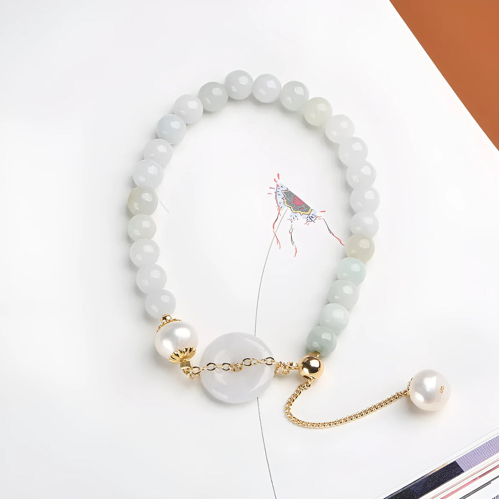 Jade green pearl bracelet with geometry shape pendant and manual processed emerald peace buckle clasp