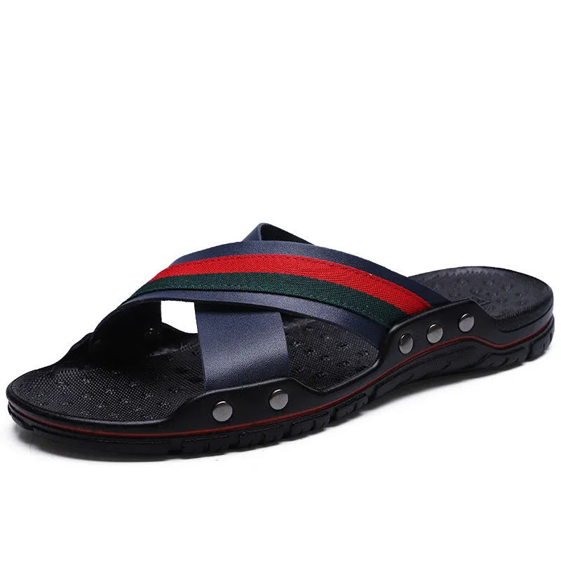 Men's cowhide flip-flops with non-slip PU sole in white, blue, and black colours
