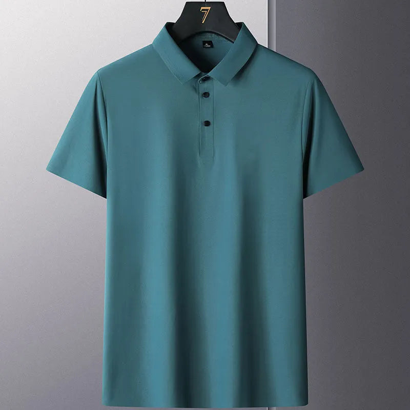 Men's solid colour non-ironing business casual short sleeve shirt on a hanger.
