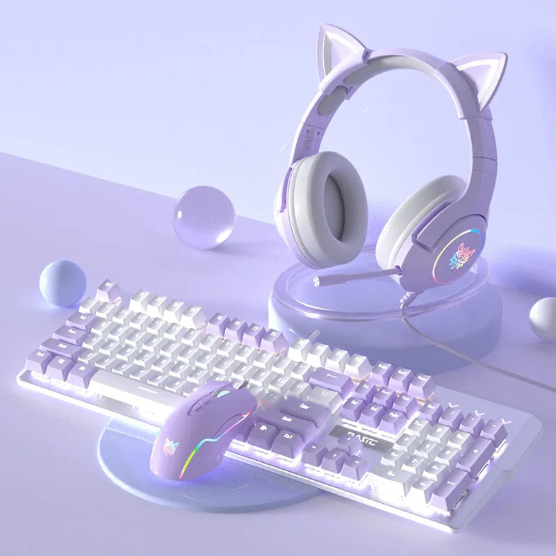 Purple and white mechanical keyboard and mouse wired set with backlight illumination on desktop