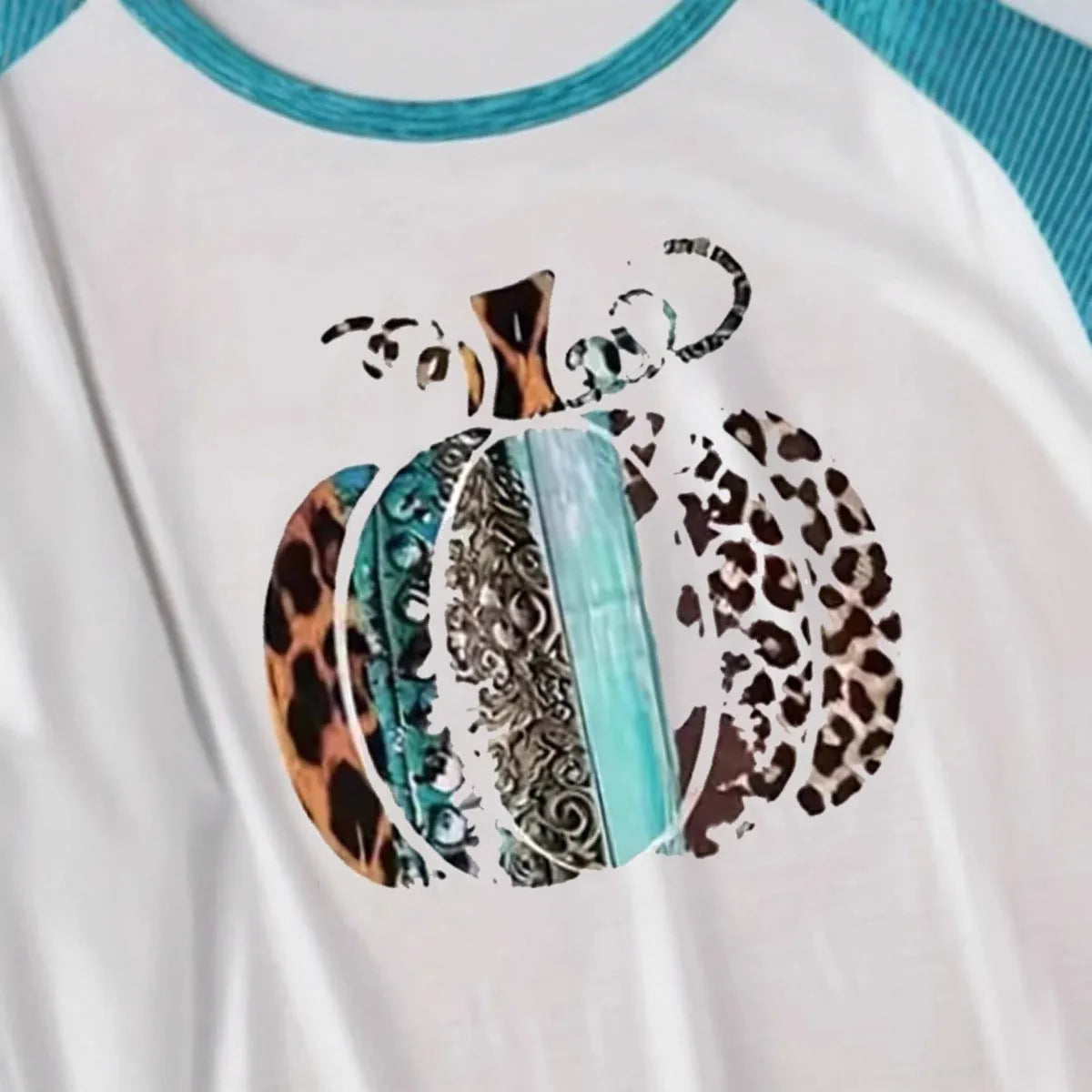 Sky blue long sleeve T-shirt with a large 3D Halloween pumpkin digital print.