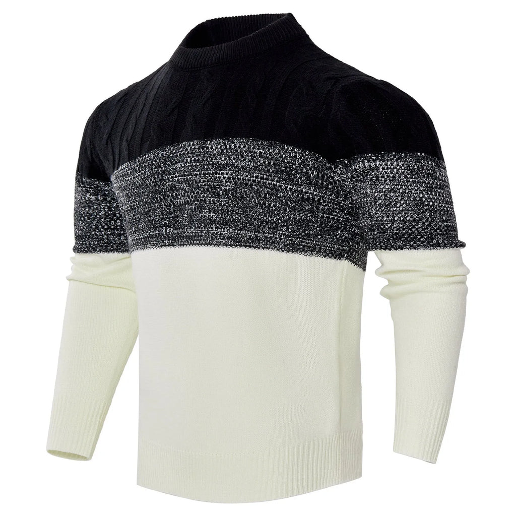 Men's grey knitted crew neck pullover sweater on a hanger.