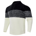 Men's grey knitted crew neck pullover sweater on a hanger.