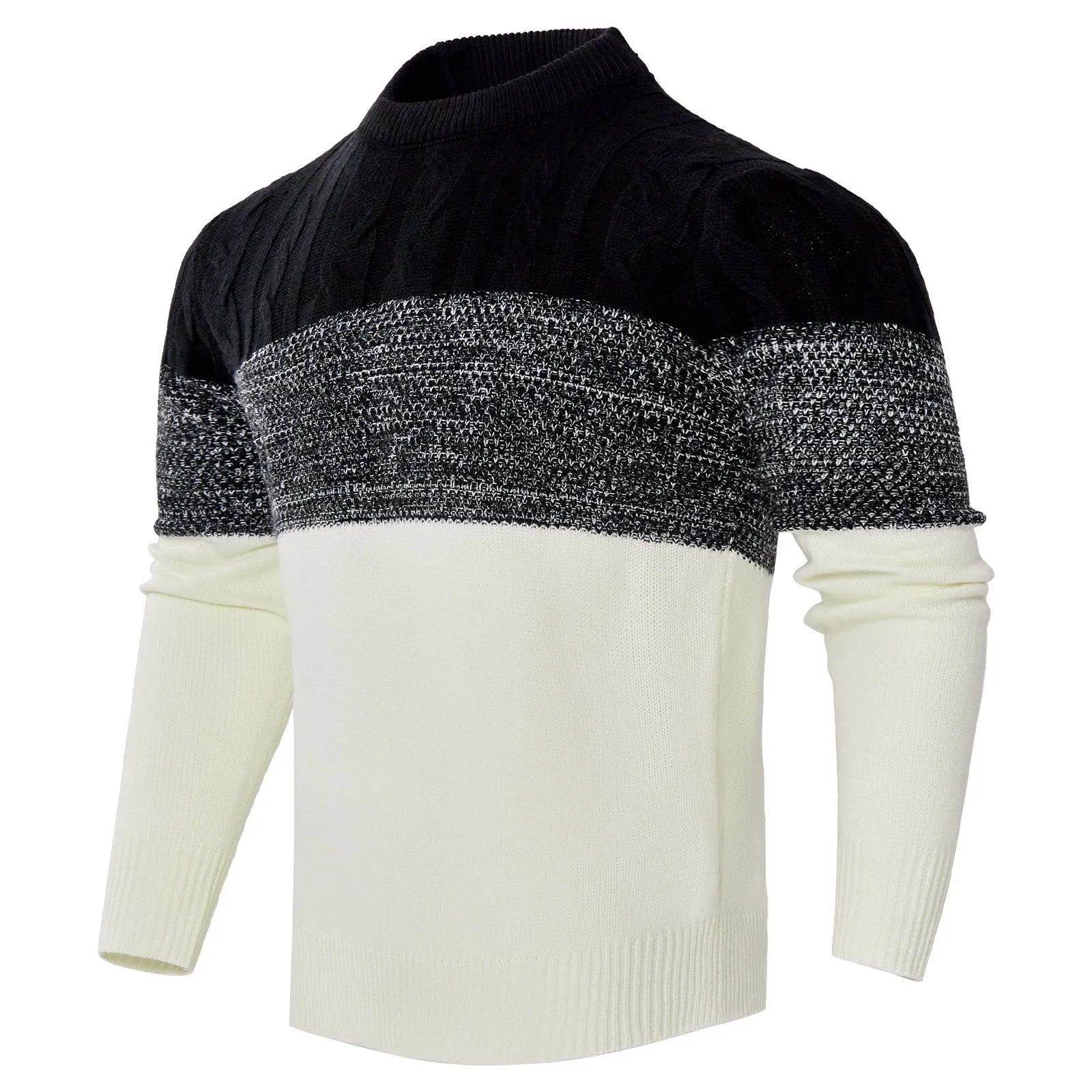 Men's grey knitted crew neck pullover sweater on a hanger.