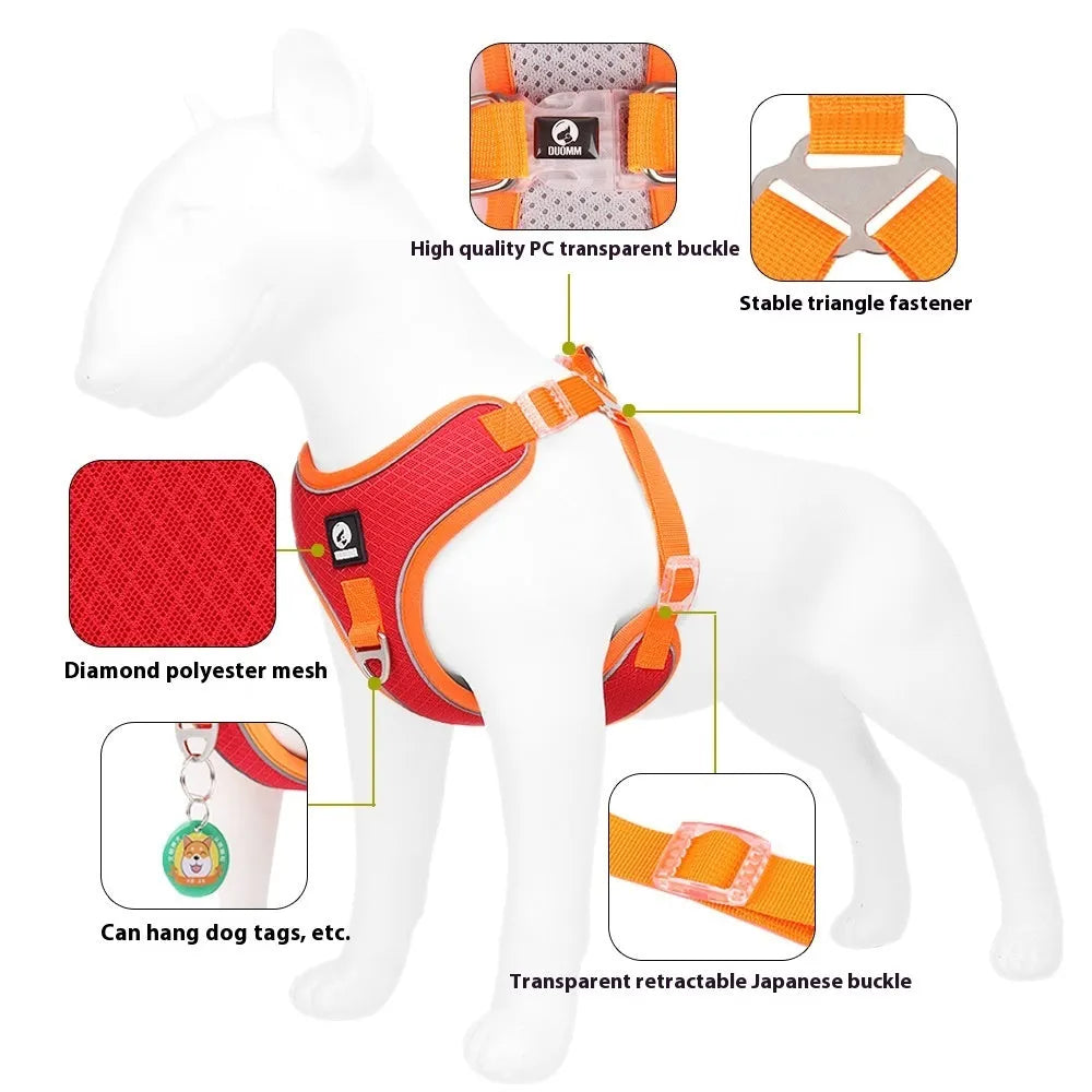 Adjustable breathable mesh dog harness with reflective piping in multiple colour options