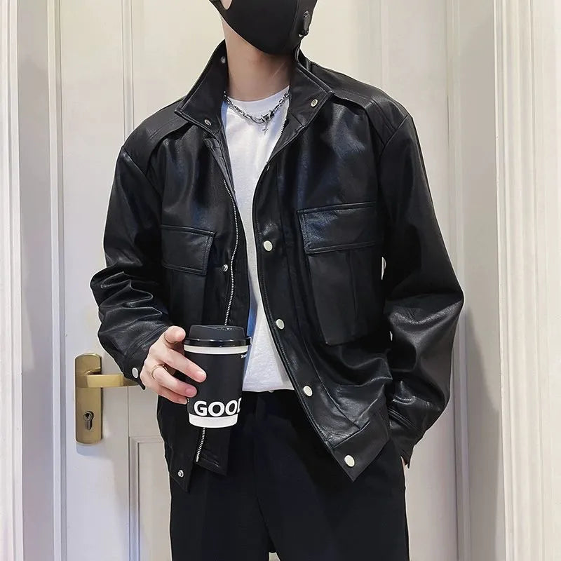 Korean style black PU leather pilot jacket with straight hem design for men