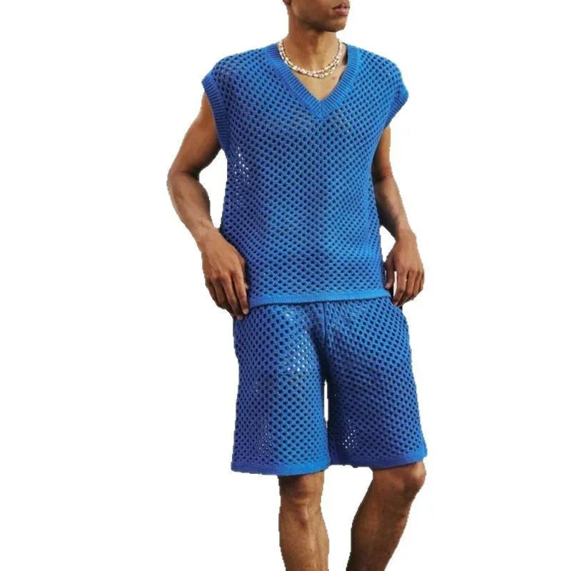 Men's blue V-neck vest and matching shorts summer sports suit