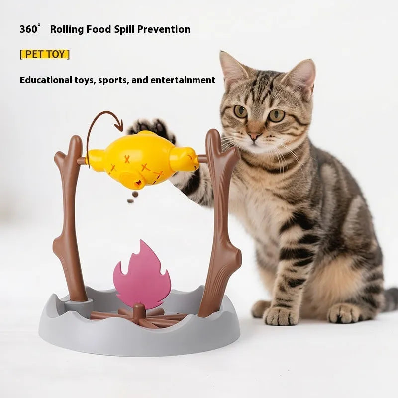 Barbecue-style cat food feeder toy with tumbling leakage mechanism for interactive feeding