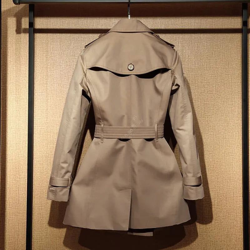 Khaki women's trench coat with double-breasted front and flight sleeves
