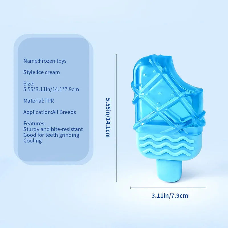 Set of three hollow silicone dog toys: a blue pacifier, a red popsicle, and a green ring for filling with water and freezing.