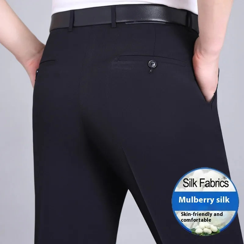Men's mulberry silk blend business trousers in straight cut with high waist