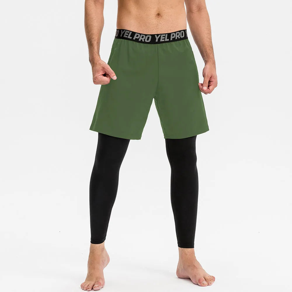 Men's tight fitness pants in grey polyester spandex fabric, shown in a running pose.