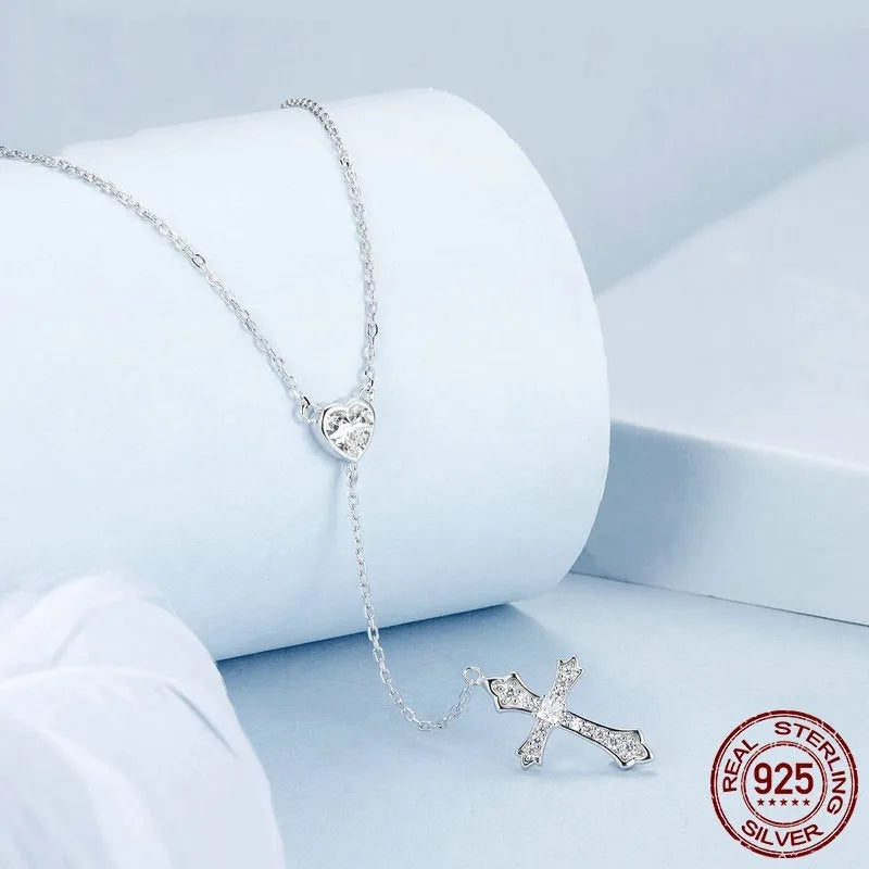 Silver love cross pendant necklace on O-ring chain for women, colour BSN384.