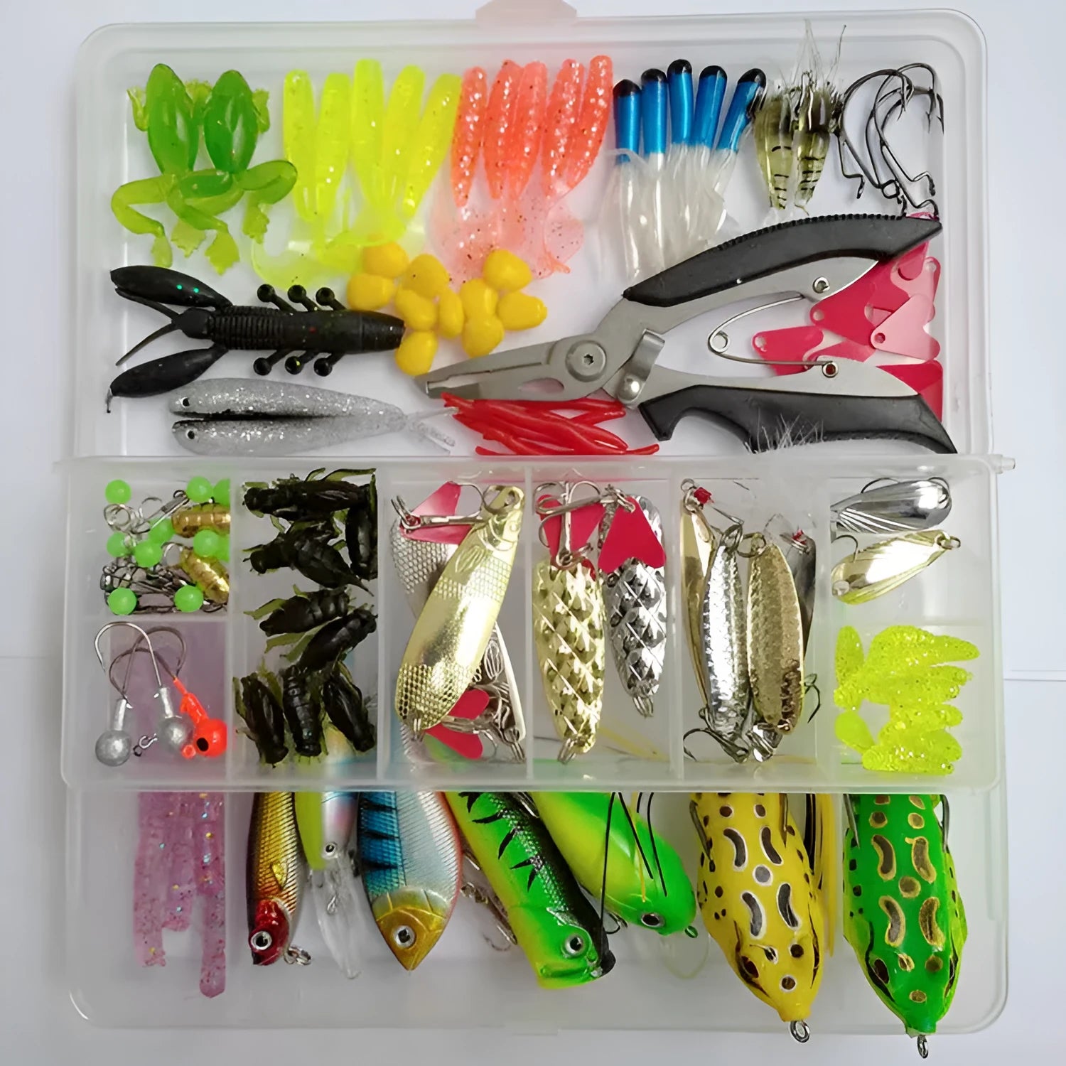 142-piece fishing lure set with hard mino baits, sequins, hooks, and fishing pliers arranged together