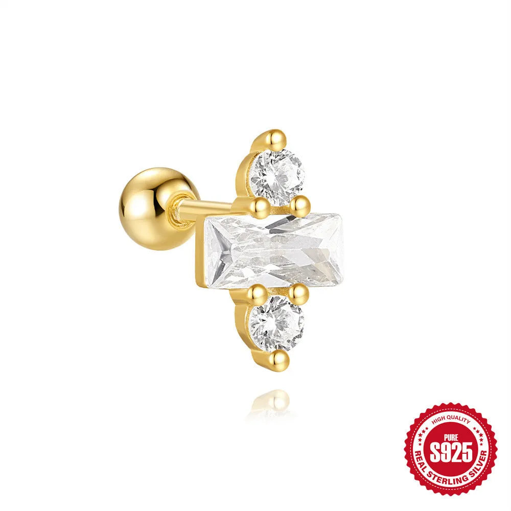 S925 sterling silver stud earrings with red square gravel stones and flower design in gold finish