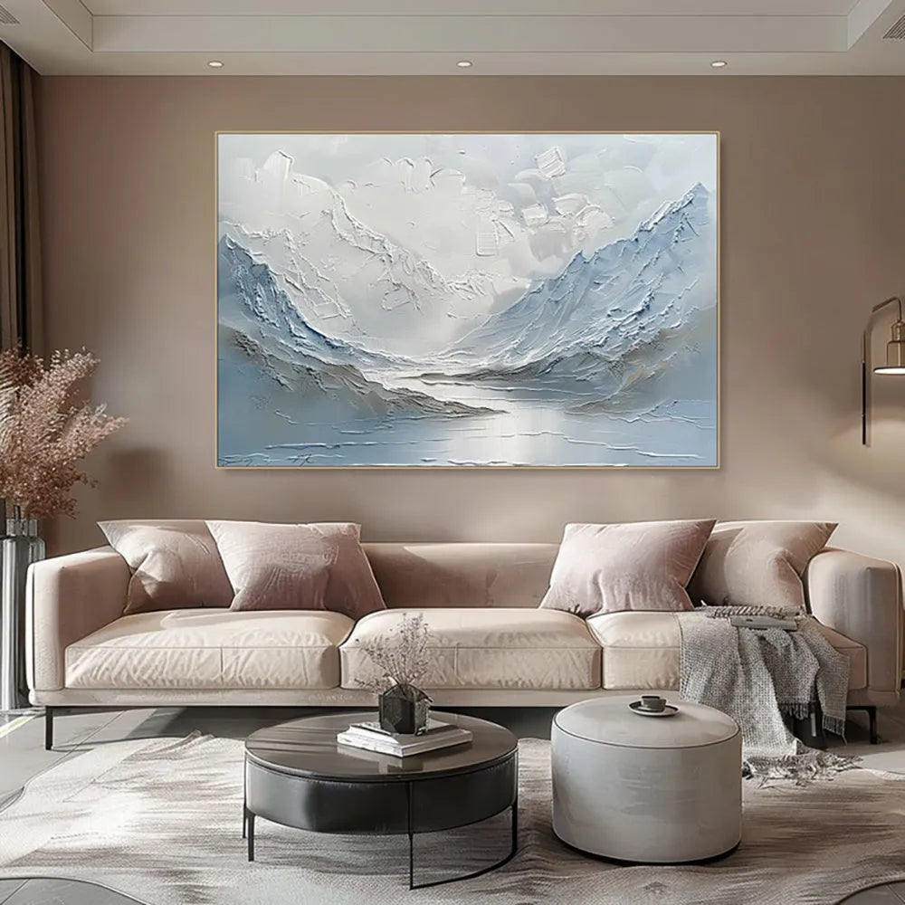 Handpainted light blue and white mountain lake scenery thick canvas oil painting vertical modern unframed wall art