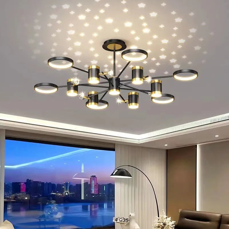 Black iron pendant chandelier with 13 light heads in Nordic star design