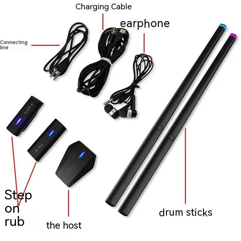 Black somatosensory air drum kit with wireless 2.4G connection, LED lighting, drumsticks, and charging cable