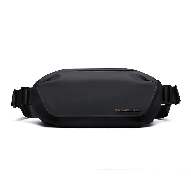 Black oxford cloth men's messenger bag with a cross-body strap.