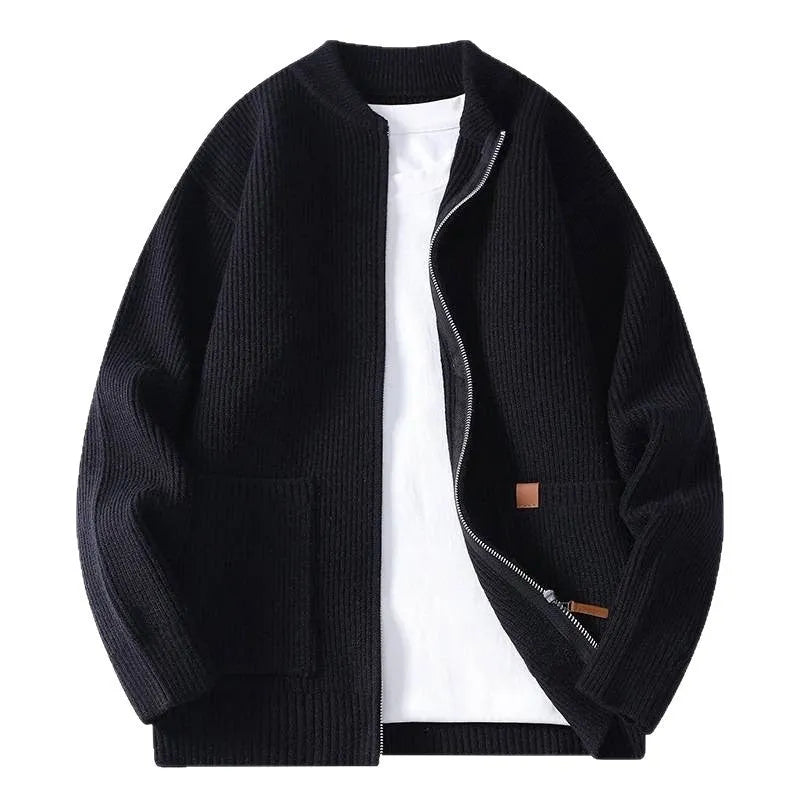 Men's straight cut striped sweater cardigan in a chemical fibre blend fabric, shown in beige colour.
