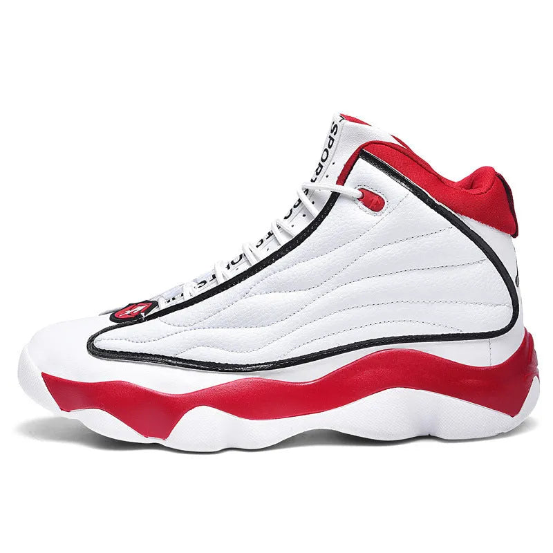 Men's high-top mesh basketball shoes in AJ13 white red colour with thick rubber sole.