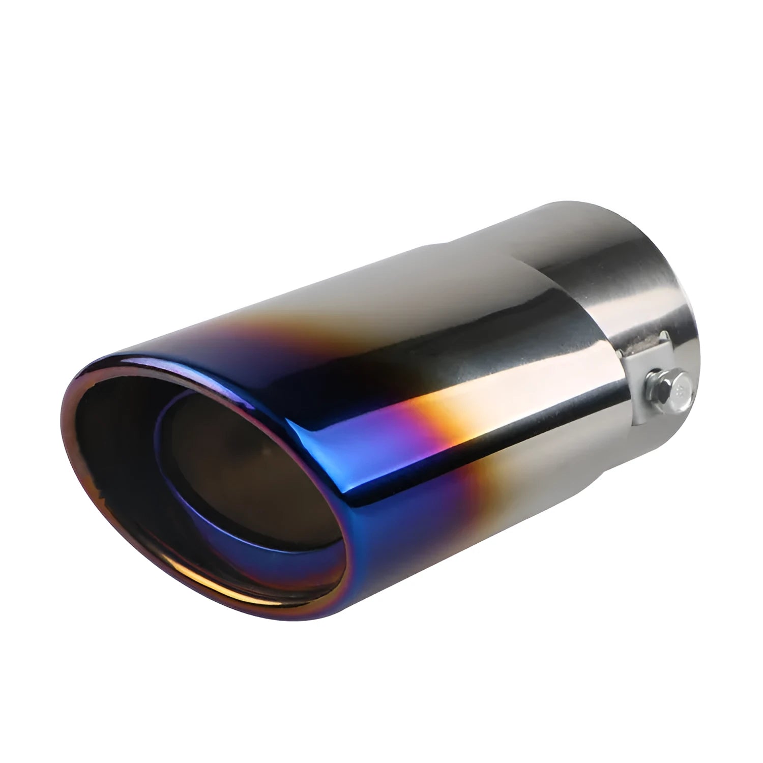 Stainless steel universal car exhaust tailpipe showing straight and curved shape options in different finishes.