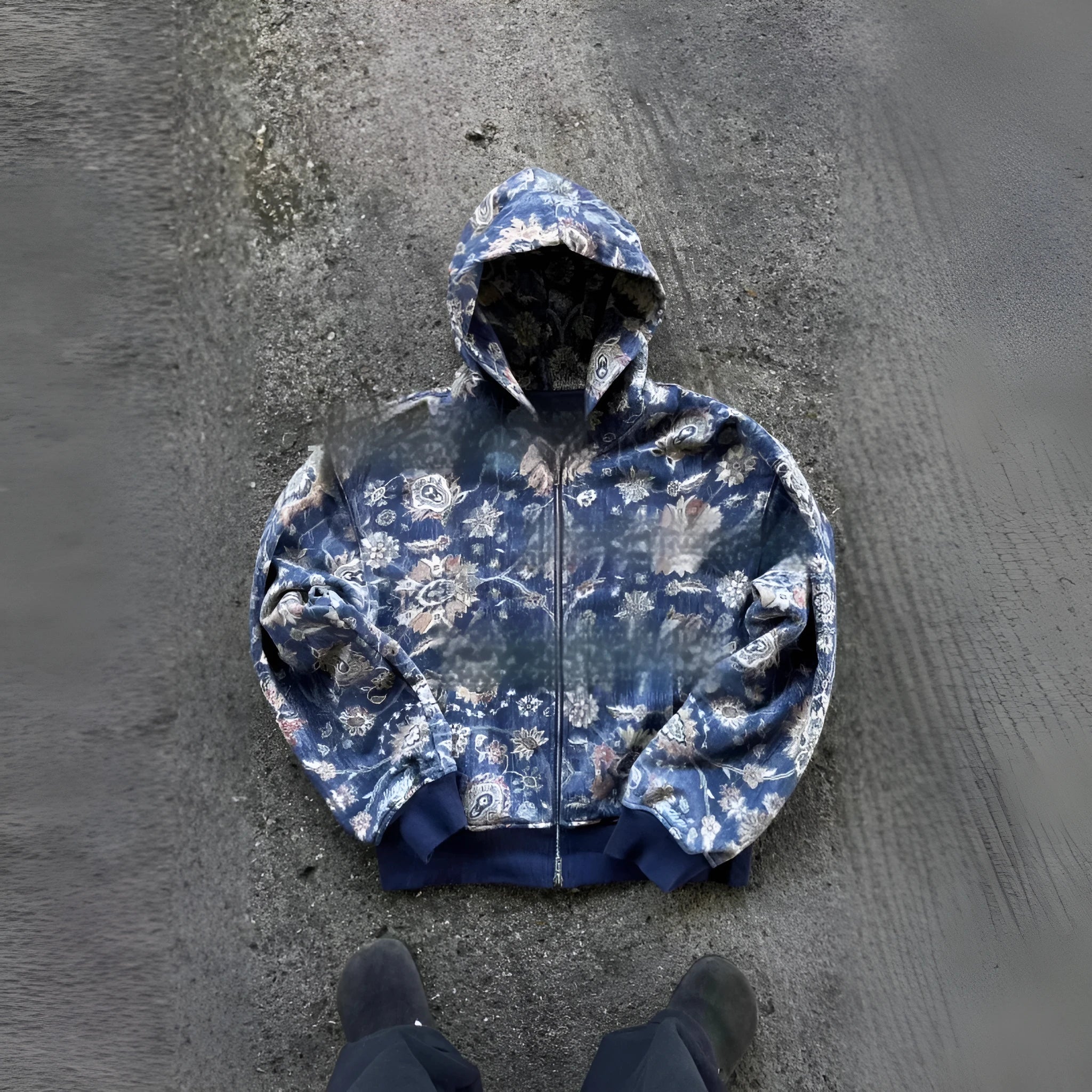 Men's blue hooded loose zip coat with digital printing shown with long sleeves and casual styling