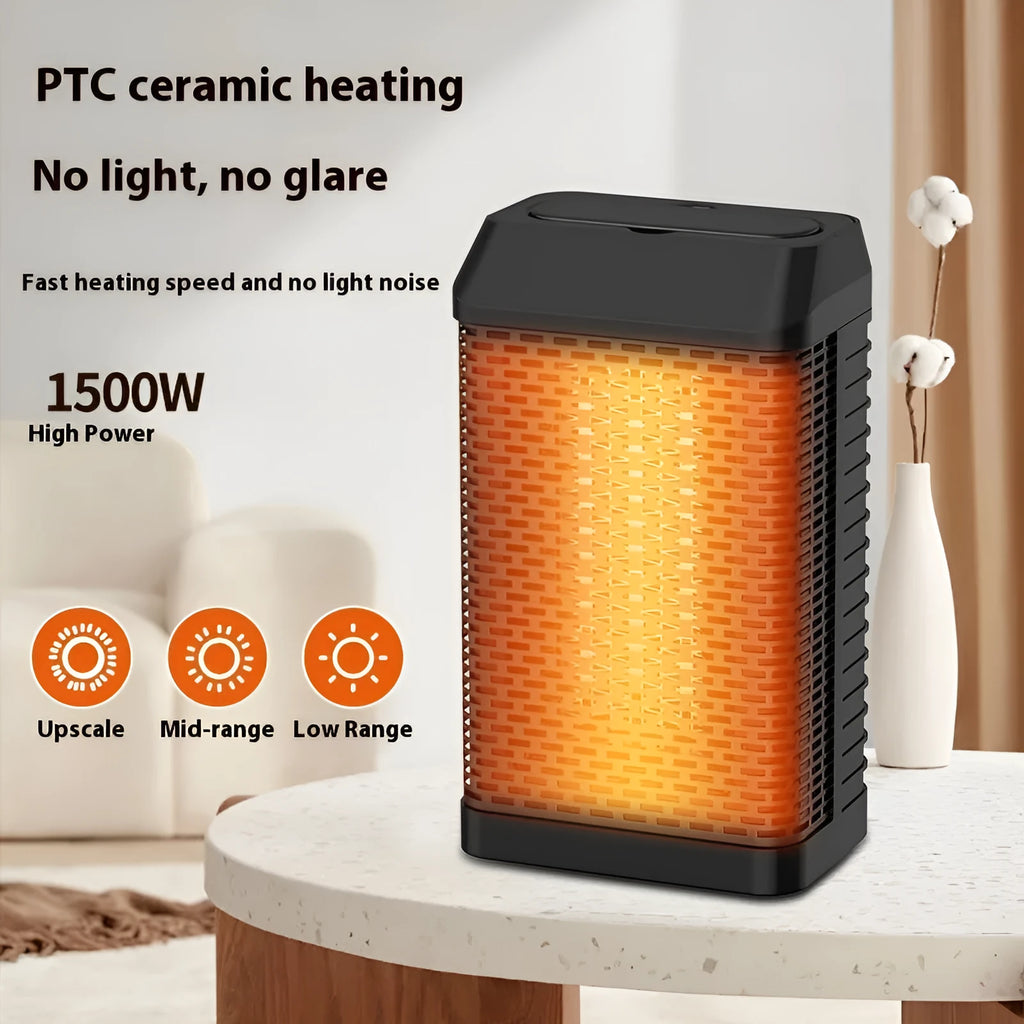 Black compact desktop smart heater with remote control and shaking head feature for small room warming