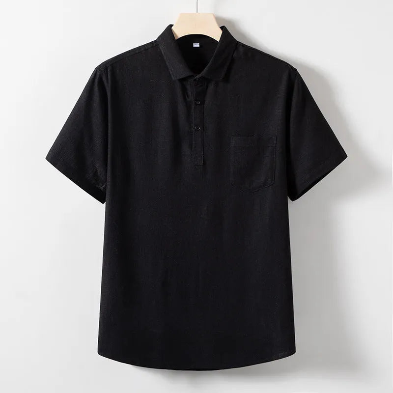Men's linen t-shirt in hemp blend fabric with loose lapel design and short sleeves
