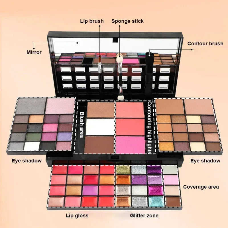 74 colour makeup palette with eyeshadows, lip glosses, brushes in plastic case