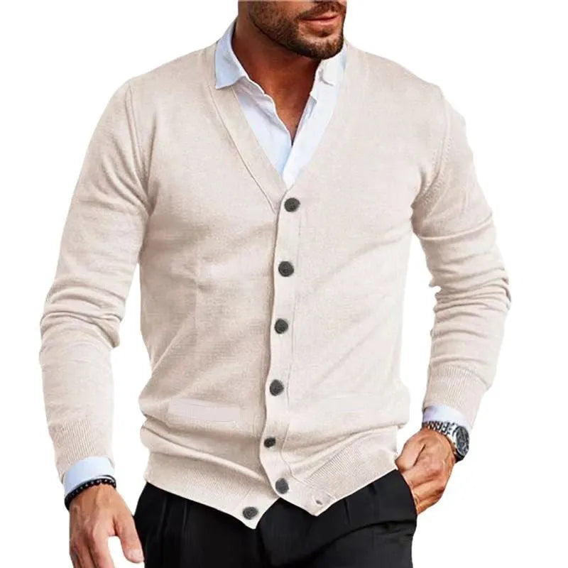 Men's slim fit acrylic cardigan sweater in a range of colours including black, grey, and wine red.