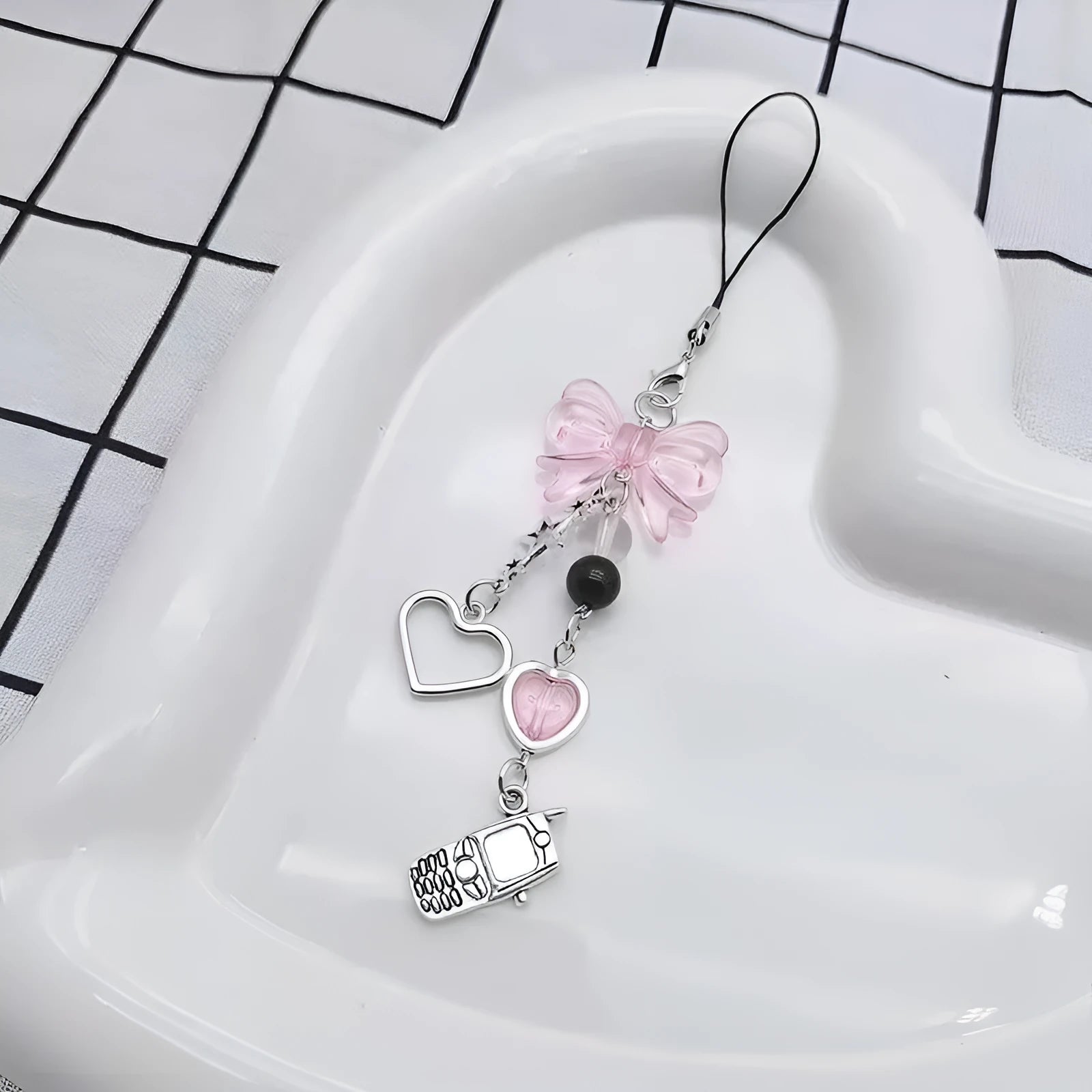 Cute alloy phone charm bag chain with electroplated finish and Bow Love pendant design