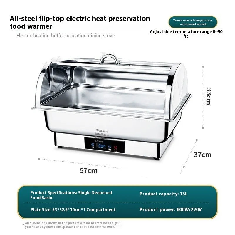 Stainless steel electric buffet food warmer with LCD screen and transparent flip-up lid