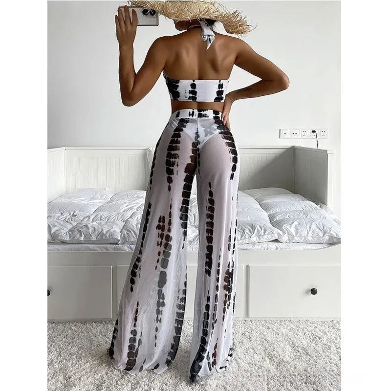 Women's three-piece swimsuit set with printed bikini and mesh trousers in quick-drying fabric