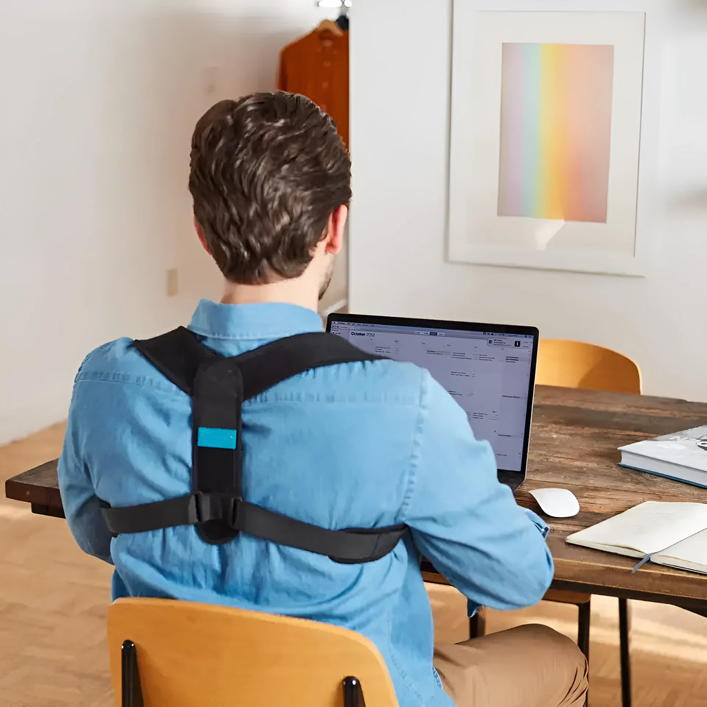 Black adjustable posture correction strap with breathable construction