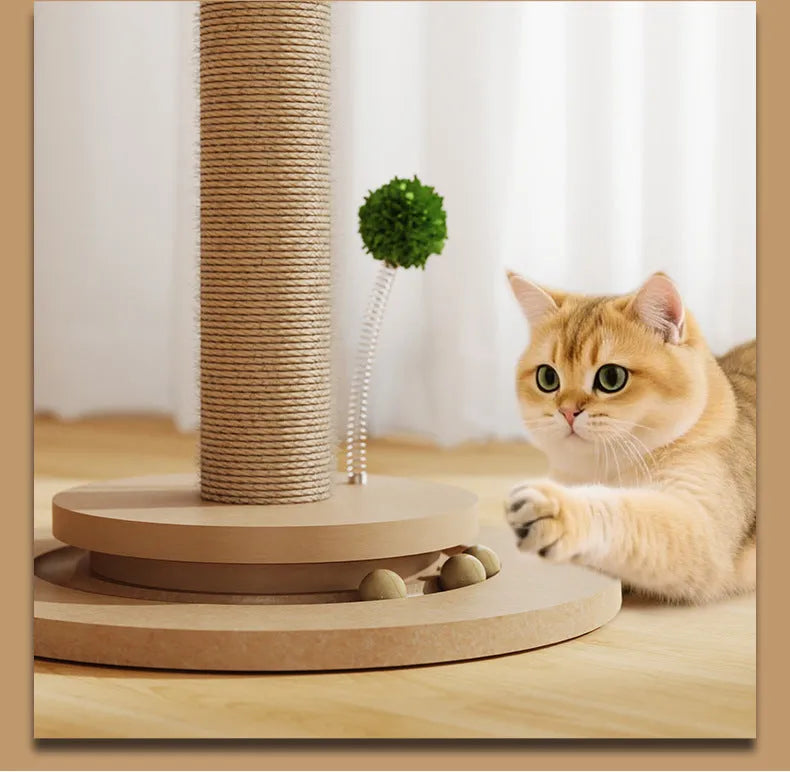 Canna-coloured cat climbing frame with hemp rope scratch posts and density board construction.