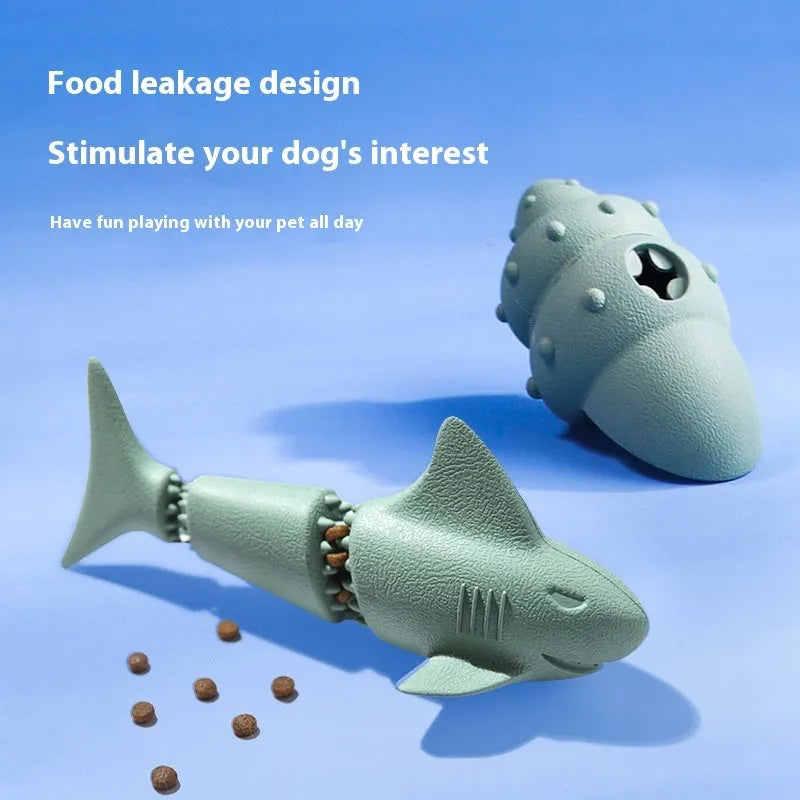 Deep sea shark shaped rubber dog toy in blue and green colour variations